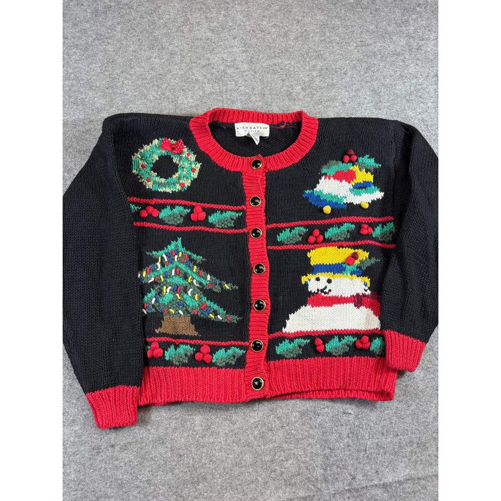 VINTAGE 80s Christmas Cardigan Sweater Women Medium Petite Highgate Knit Holiday